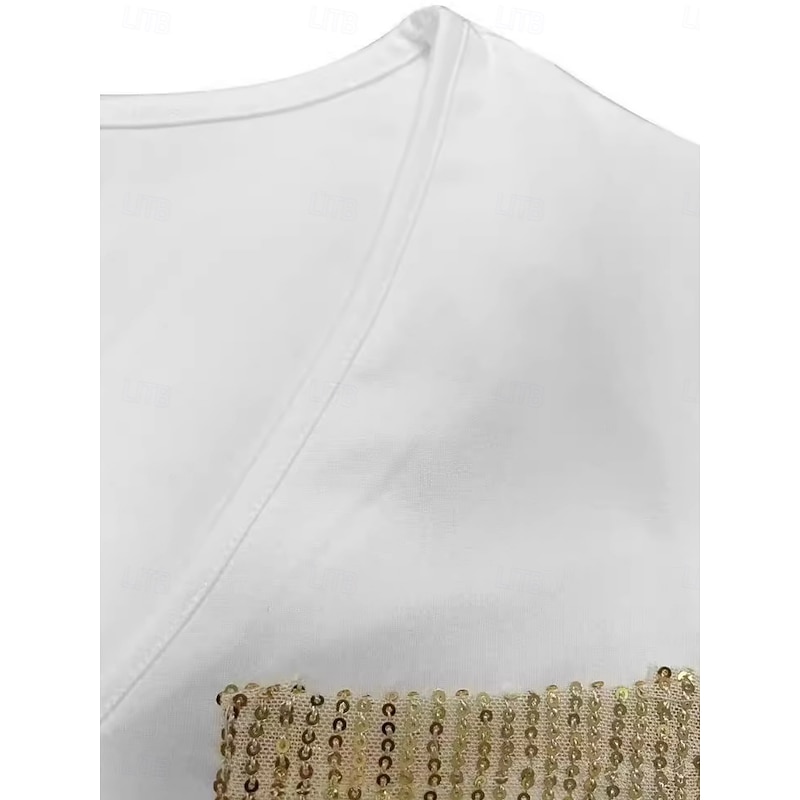 Women's Blouse Solid Color Basic Casual Short Sleeve V Neck Regular Tops Daily Sequins Patchwork Pocket Black White Summer Spring4