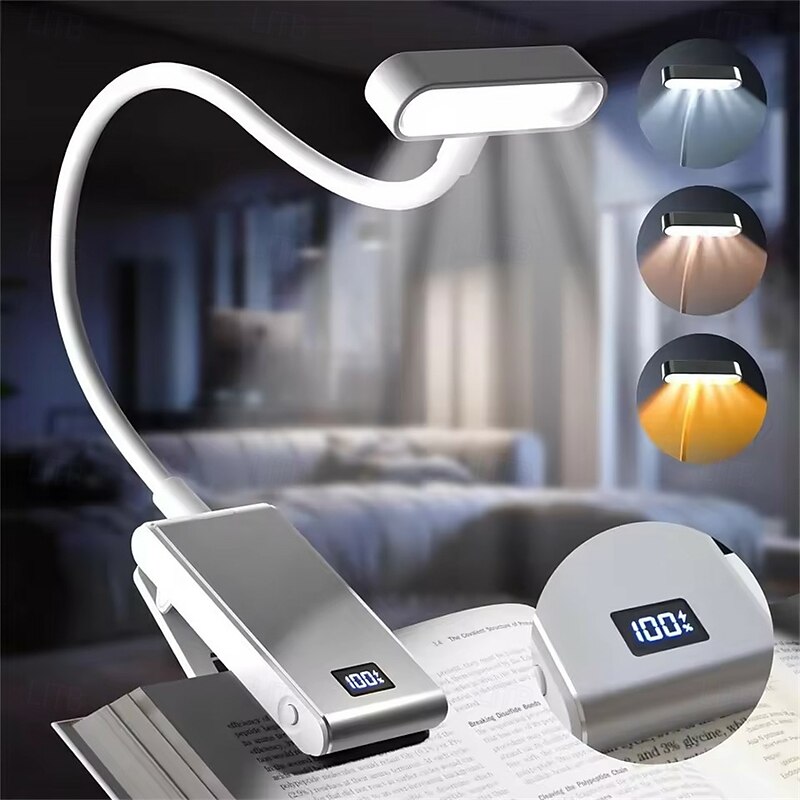 Rechargeable Aluminum Reading Light - 3 Colors, 3 Brightness Levels, Clip-On Mini Book Light, Anti-Blue Light, Flexible Bendable Design for Bedside, Study, and Nighttime Reading