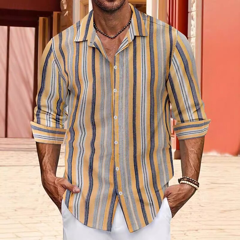 Men's Shirt Summer Shirt Casual Shirt Beach Shirt Button Up Shirt Stripes Vacation Hawaiian Blue Orange Green Gray Long Sleeve Collar Summer Spring &  Fall Clothing Apparel2