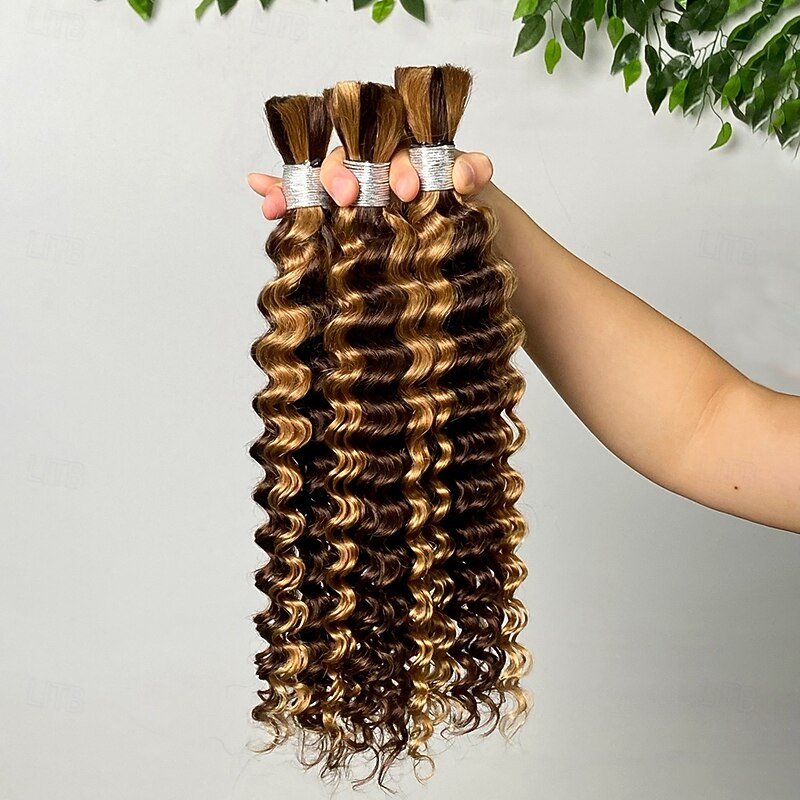 3 Bundles Bulk Hair P4/27 Human Hair Deep Wave Extension Bundle Hair 10-28Inch2