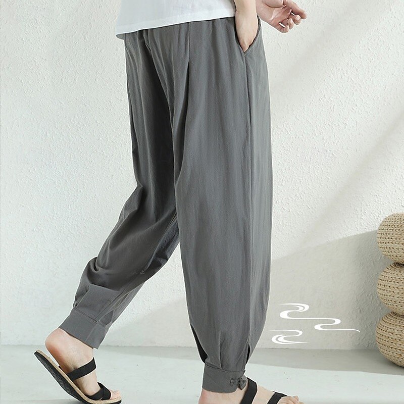 Men's Linen Pants Trousers Summer Pants Harem Pants Drawstring Elastic Waist Side Button Plain Comfort Breathable Full Length Home Casual Daily Fashion Classic Style Black Navy Blue2