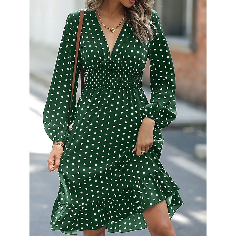 Women's Mini Dress Casual Dress A Line Dress Stylish Casual Vacation Daily Regular Fit Polka Dot Long Sleeve V Neck Navy Blue Green Spring Fall3