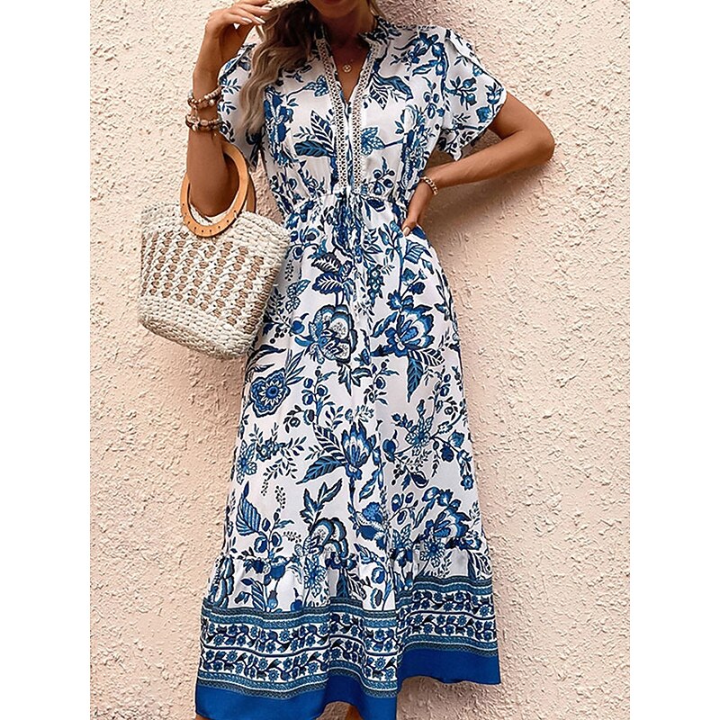 Women's Normal Maxi Dress Boho Chic Dresses Boho Dress Bohemia Vacation Beach Regular Fit Graphic Short Sleeve V Neck Blue Summer