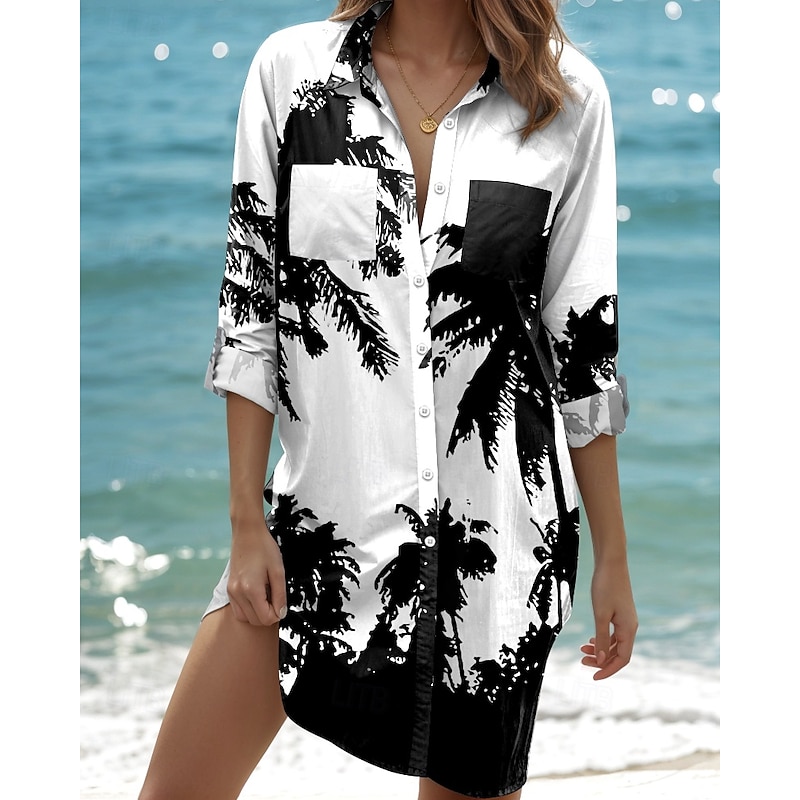 Women's Mini Dress Shirt Dress Hawaiian Shirts  Flowy  Beach Leaf Long  Long Sleeve Shirt Collar Buttons Print Form Fit White Summer Holiday Clothes Beach Wear