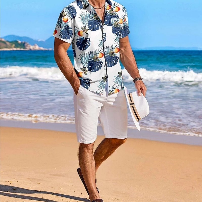 Men's Palm Leaf Casual Shirt Summer Hawaiian Shirt Aloha Shirt Short Sleeve Hawaiian Resort Outdoor Causal Casual Summer Spring Turndown Button Up Pocket Blue2