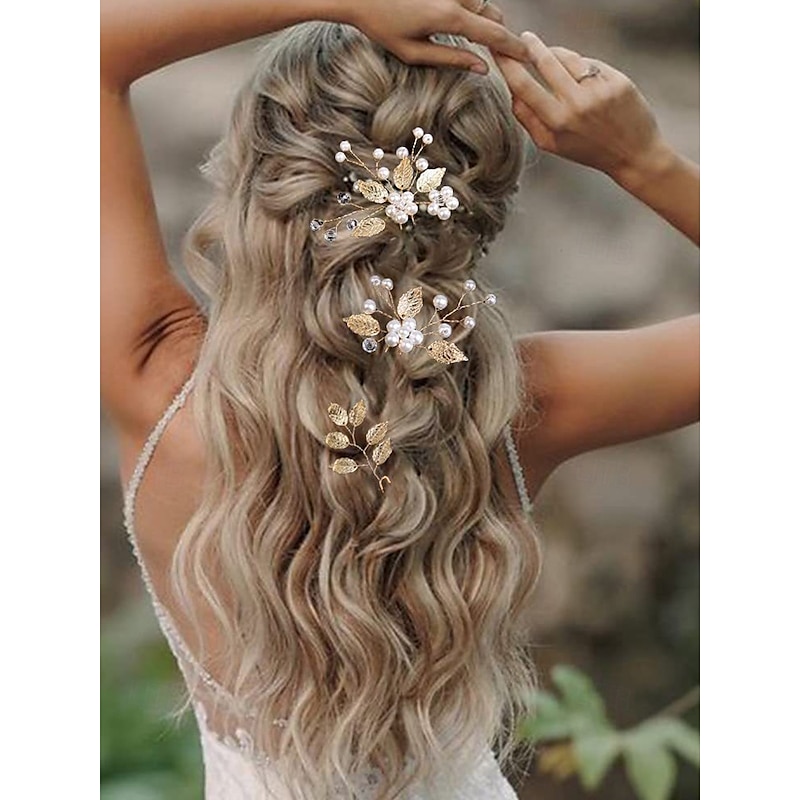 Gold and Silver Leaf Bridal Hair Accessory Set with Faux Pearls and Crystals – Elegant Hairpins and Comb for Women, Perfect for Weddings and Special Occasions2