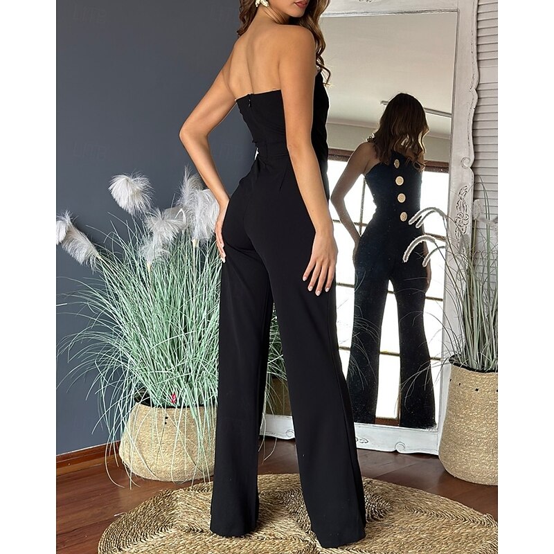 Women's Normal Jumpsuit Elegant Solid Color Sleeveless Wide Leg Strapless Buttons Daily Regular Fit Black White Red Summer4