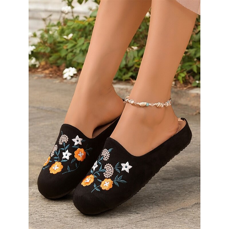 Women's Black / Yellow Embroidered Floral Slip-On Mules with Cushioned Sole - Comfortable Casual Shoes for Home and Everyday Wear2