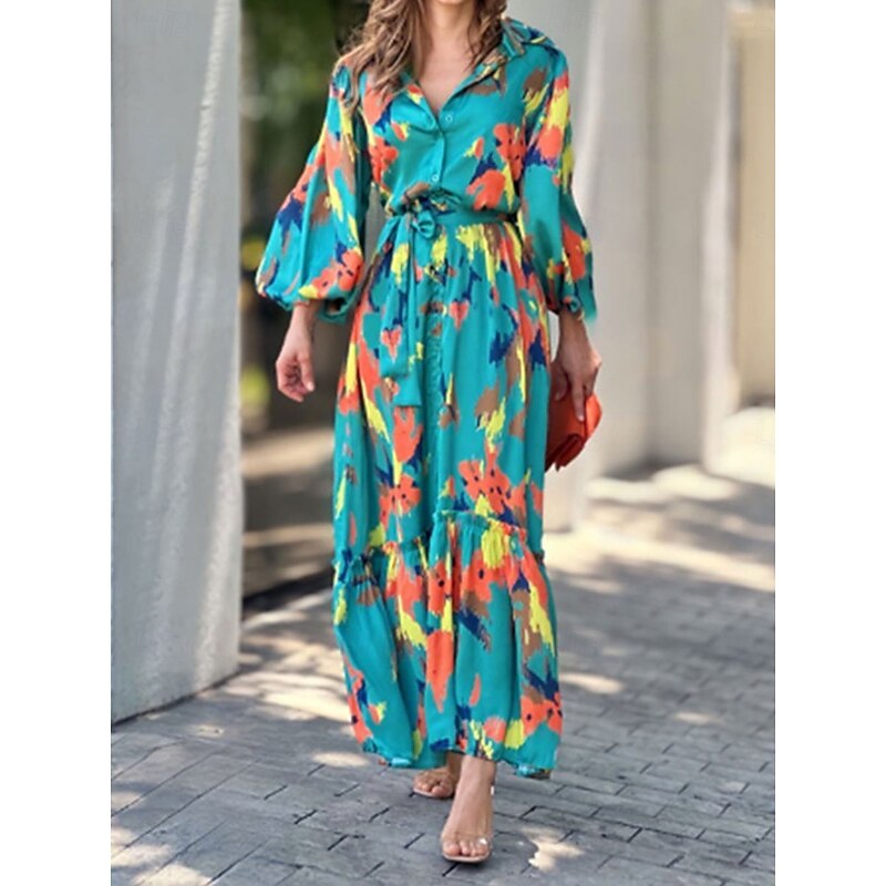 Women's Graphic Shirt Collar Midi Dress Long Sleeve Fall Winter3