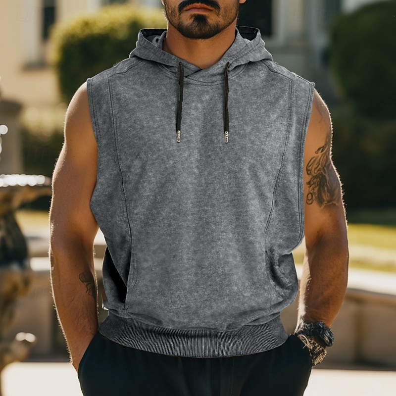 Men's Tank Top Sleeveless Hoodie Sleeveless Hooded Summer Spring Fall Vintage Drawstring Casual Activewear Navy Black Gray Top Tee for Men