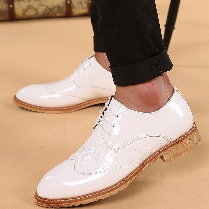 Men's White Patent Faux Leather Oxford Shoes with Crocodile Pattern and Wooden Sole - Sleek Formal Footwear for Weddings and Special Events2