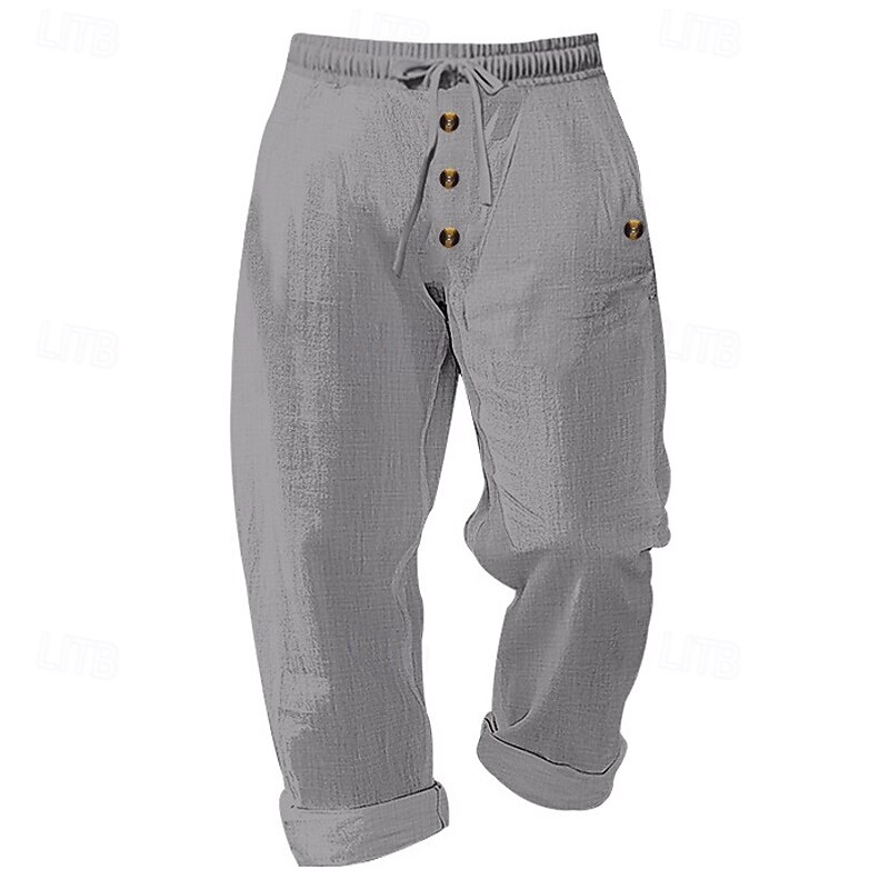 Men's Linen Pants Trousers Summer Pants Beach Pants Buttons Drawstring Elastic Waist Plain Comfort Breathable Full Length Casual Daily Holiday Vacation Fashion Black White4