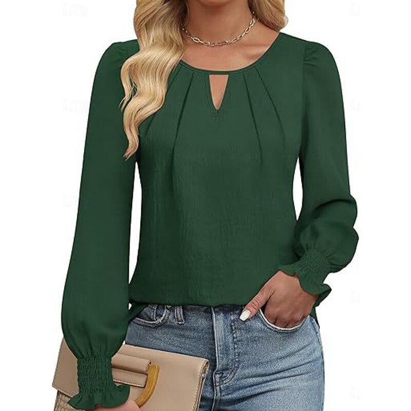 Women's Shirt Blouse Solid Color Business Modern Casual Long Sleeve Crew Neck Regular Tops Work Formal Wear Ruched Black White Green Summer Spring3