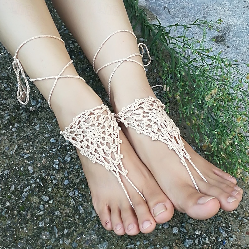 Delicate Crochet Barefoot Sandals with Adjustable Ankle Strap - Ideal for Beach Weddings4