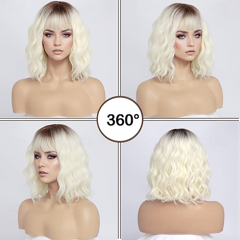 Short Platinum Blonde Wigs for Women Light Platinum Wavy Bob Wig with Bangs Medium Lenth Synthetic Hair Dark Roots Wig for Daily Party2