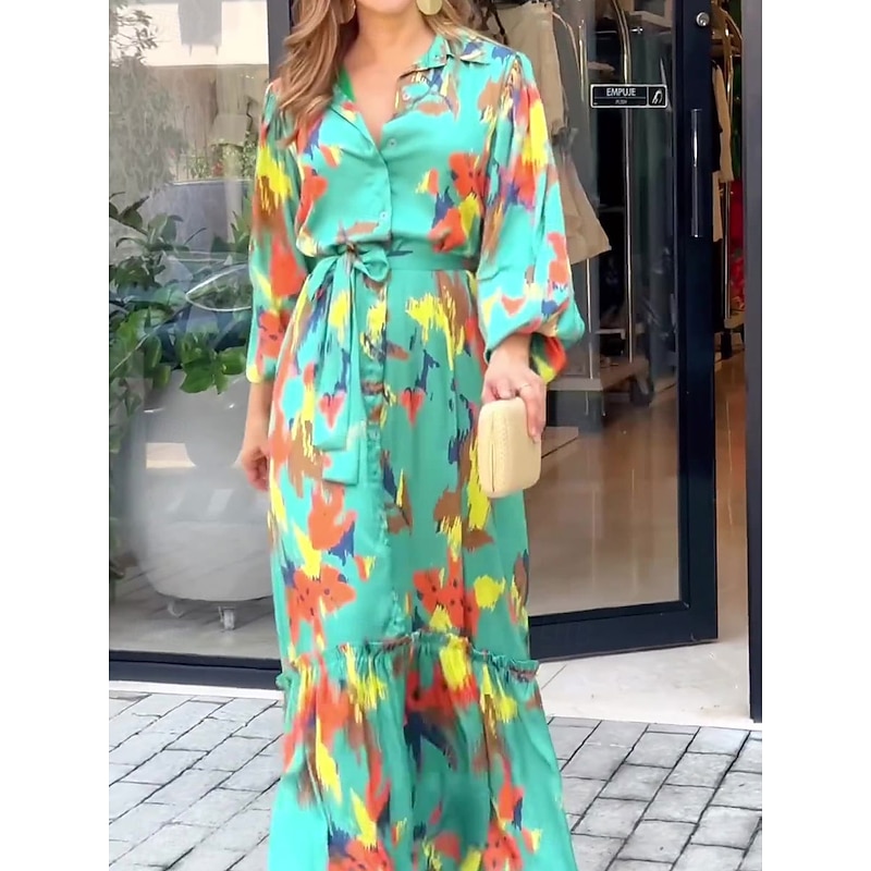 Women's Graphic Shirt Collar Midi Dress Long Sleeve Fall Winter