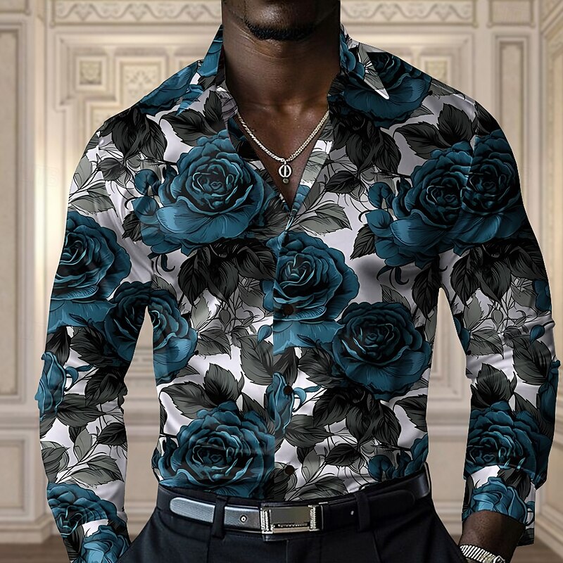 Men's Rose Casual Shirt Button Up Shirt Long Sleeve Fashion Casual Party Casual Spring Fall Turndown Button Up Yellow Red Blue Purple3