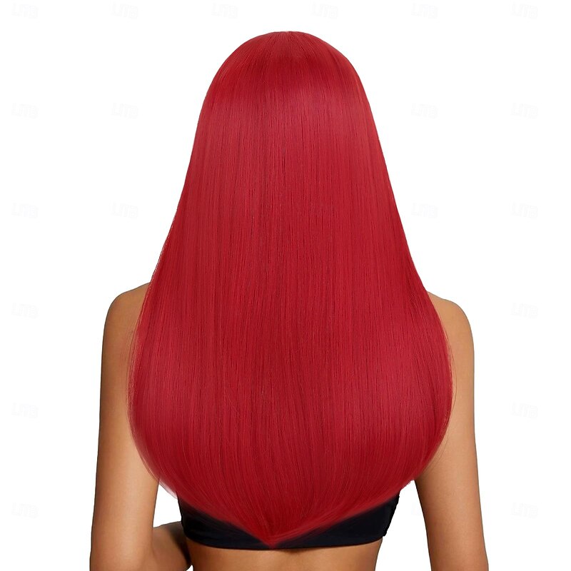 Red Wig with Bangs Long Straight Wigs for Women Red Natural Looking Hair Synthetic Heat Resistant Womens Wig for Daily Party Cosplay Use 22 Inch4