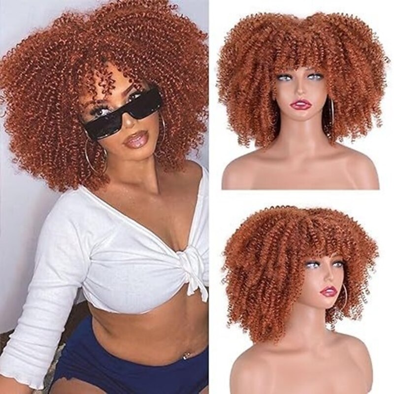 Afro Curly Wig with Bangs Synthetic Afro Wigs for Women Heat Resistant Short Kinky Curly Wigs for Daily Party4