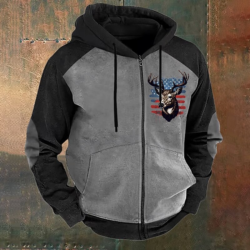 Men's Camo Deer Hoodies Fashion Daily Long Sleeve Hooded Vacation Hunting Brown Green Drawstring Zipper Fall Winter Designer3