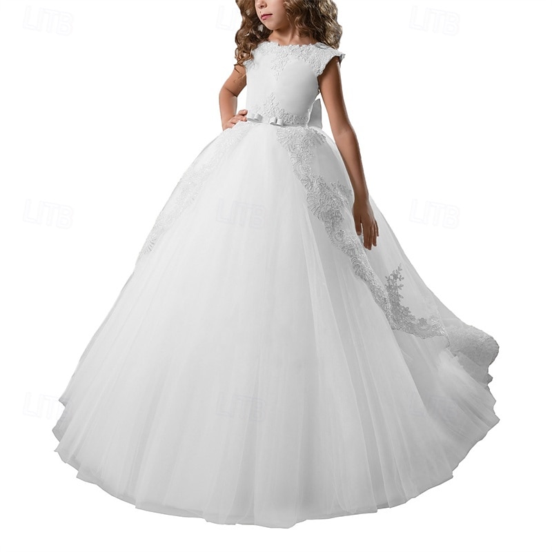 Flower Girl Dress Kid's Girls' Princess Dress First Communion Dress Performance Wedding Party Elegant Beautiful Mesh Solid Color Sleeveless Crew Neck Light Yellow White 4 years+2