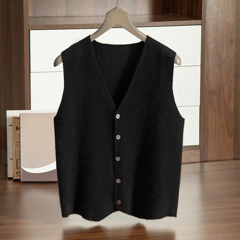 Men's 100% Cashmere Cardigan Vest Knit Button Up V Neck Knitwear Elegant School Formal Clothing Apparel Spring Fall Black Navy Blue S M L4