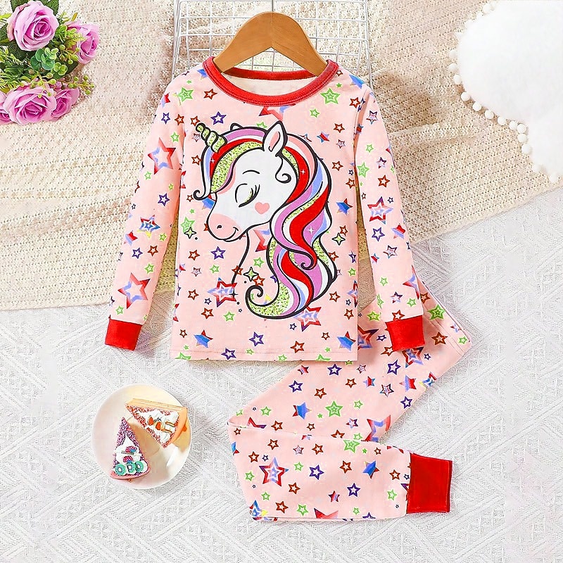 Girls' 3D Unicorn Pajama Sets Pink Long Sleeve 3D Print Fall Winter Active Fashion Cute Kids 3-12 Years Crew Neck Home Causal Indoor Regular Fit2