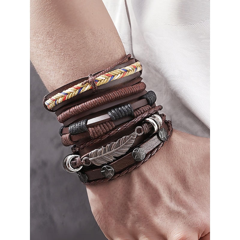 Men's Vintage Multi-Layer Leather Bracelet Set with Feather and Star Charms, Adjustable Wristbands for Casual Wear, Boho Style Accessories for Parties and Gifts3