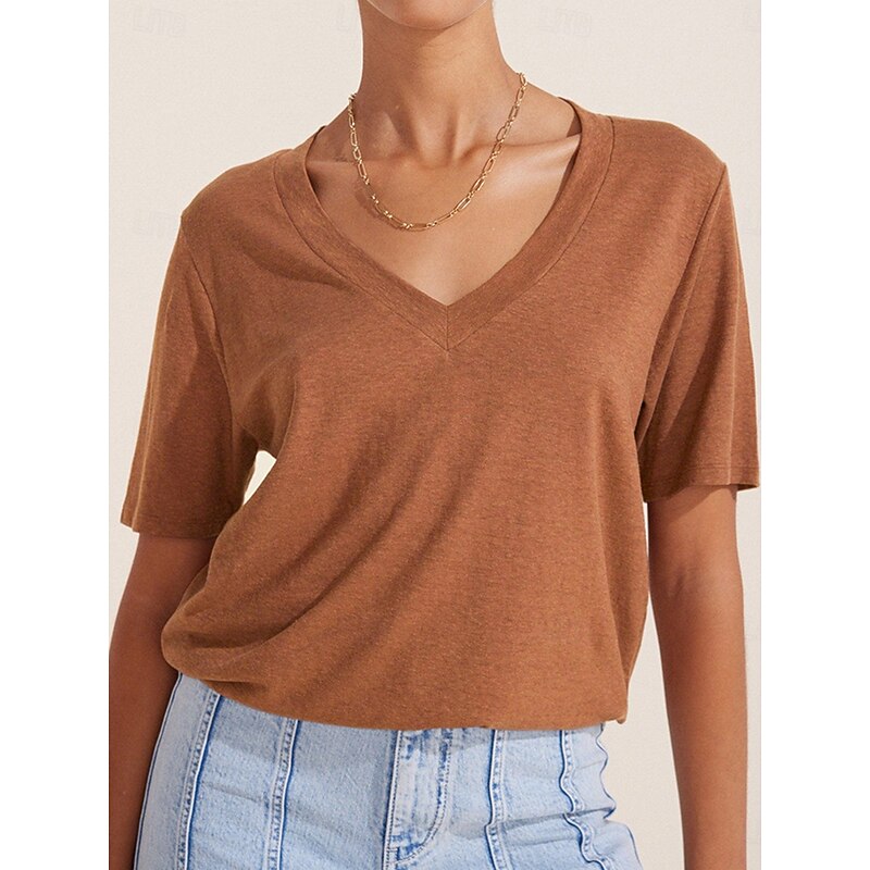 Women's Blouse Solid Color Basic Casual Short Sleeve V Neck Regular Tops Daily Lace Ruffle Patchwork Black White Brown Summer Spring4