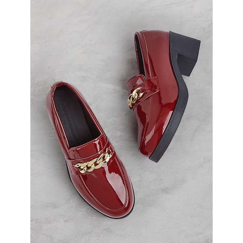 Women's Wine Red Patent Leather Loafers - Chunky Heel with Metal Chain Detail, Elegant Slip-On Shoes for Office or Party Wear4