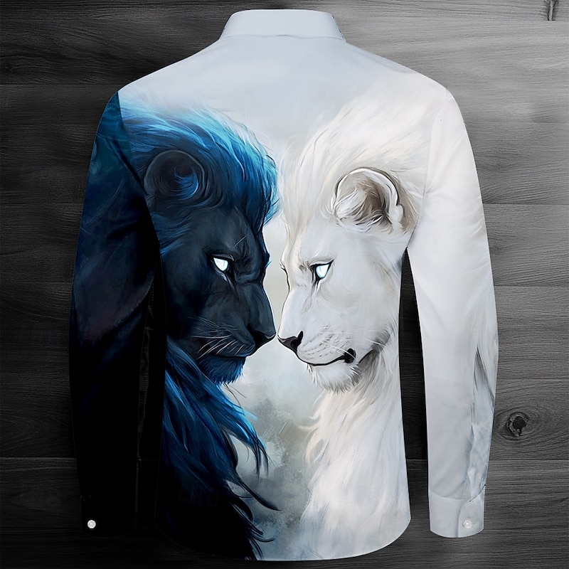 Men's Wolf Casual Shirt Button Up Shirt Long Sleeve Dark Spring Fall Turndown Button Up Dark Blue2