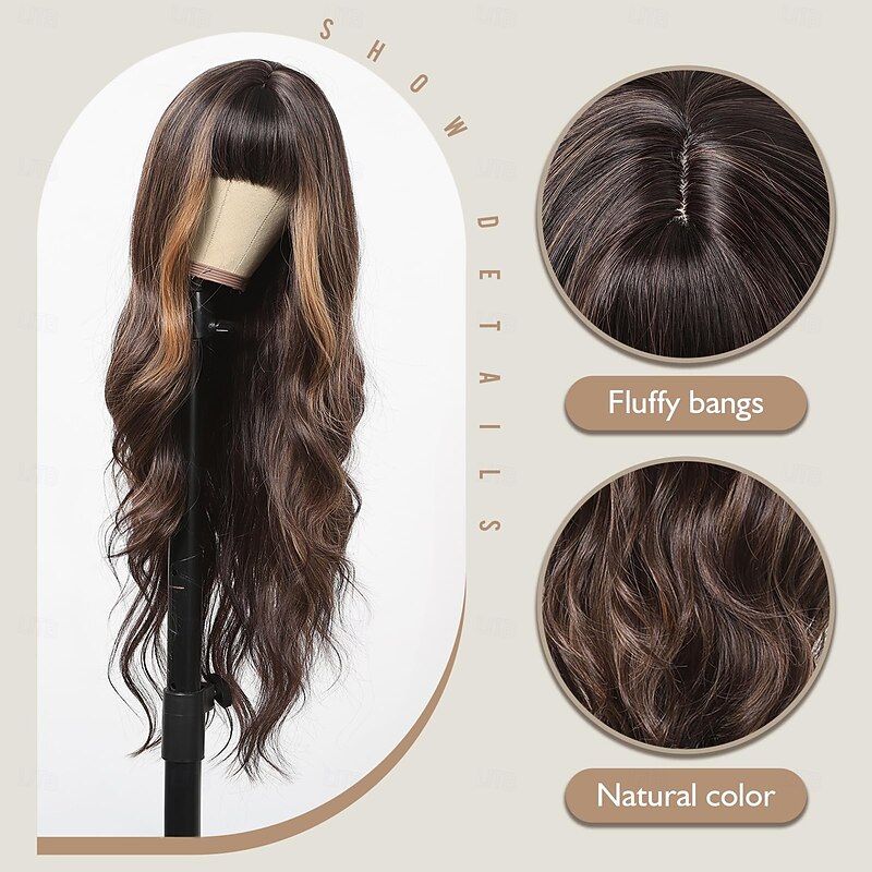 Wigs for Women Long Wavy Wigs With Thick Bangs Curly Hair Synthetic Wave Heat Resistant Fiber Daily Party Use4