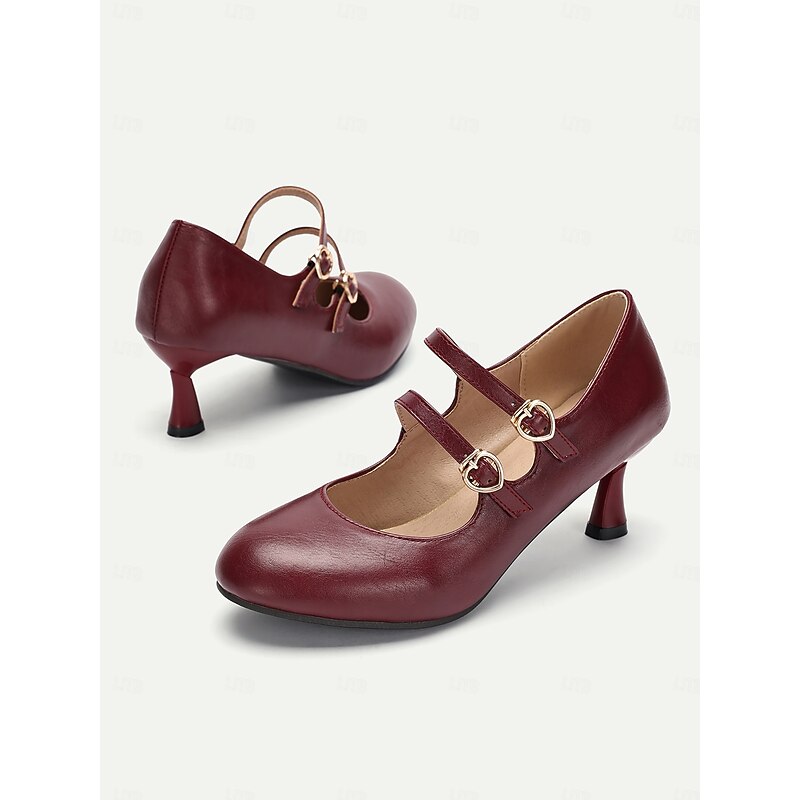 Women's Retro Style Burgundy Faux Leather Mary Jane Kitten Heels with Heart-Shaped Buckles | Perfect for Work or Parties4