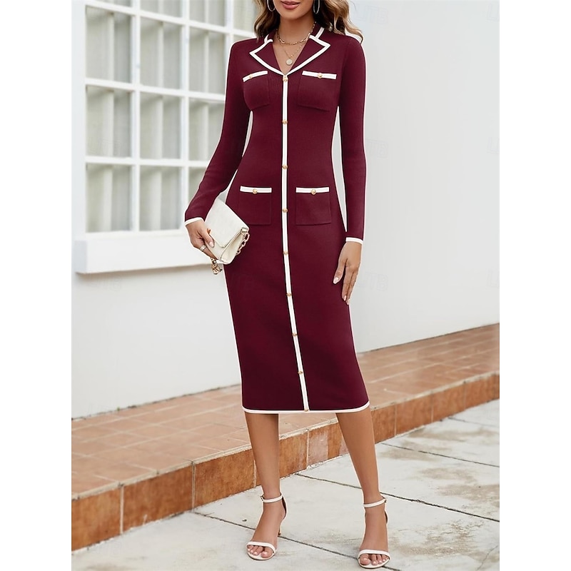 Women's Valentine Sweater Dress Maxi Dress Long Sleeve Shirt Collar Pocket Regular Fit Vacation Casual Dress Stylish Basic Casual Color Block Daily Black White Red Spring Fall Winter2