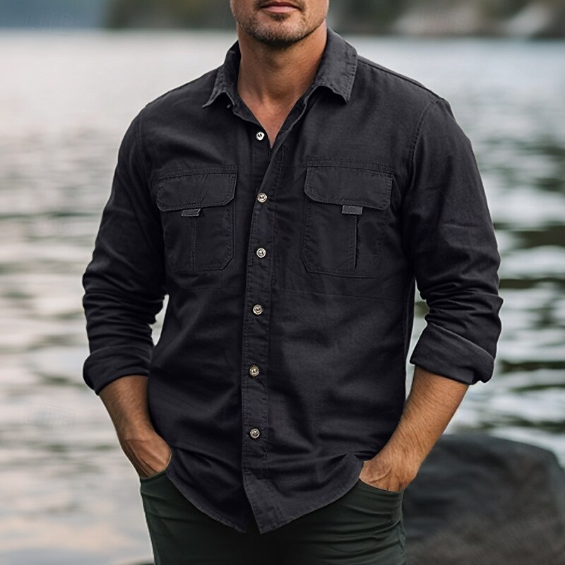 Men's Shirt Work Shirt Button Up Shirt Cargo Shirt Black Green khaki Light Grey Long Sleeve Plain Lapel Vacation Holiday Front Pocket Clothing Apparel Fashion Casual Comfortable4