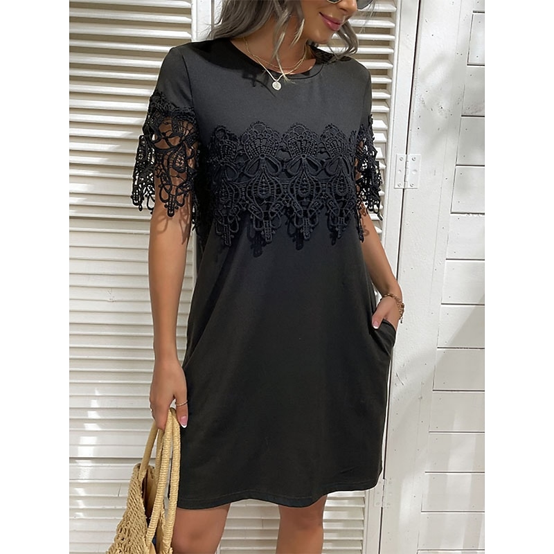 Women's Mini Dress Black Dress Lace Dress Casual Dress Cocktail Dress Casual Sports & Outdoor Street Regular Fit Plain Short Sleeve Crew Neck Black Summer Spring Fall