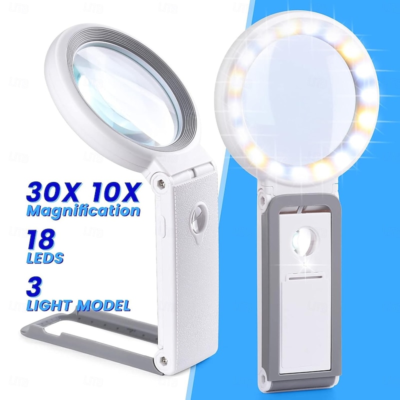 30X 10X Magnifying Glass with Light and Stand Foldable Handheld Magnifying Glass 18 LED Illuminated Lighted Magnifier for Macular Degeneration Seniors Reading Close Work