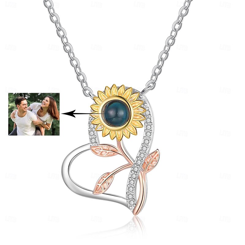 Personalized Projection Necklace Custom Best Gift for Mom - Sunflower-shaped Hollow Pendant, Couple Theme Wedding, Mother's Day Romantic Gifts for Girlfriend, Wife, Mom