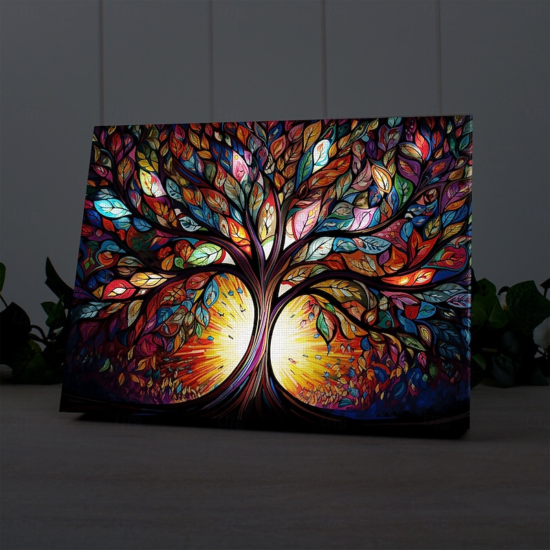 Tree of Life LED Canvas Wall Art Stained Glass Printing LED Lighted Up Wall Decor 2AA Battery Operated Lighted Canvas Print LED Light Kitchen Bedroom or Home Decor2