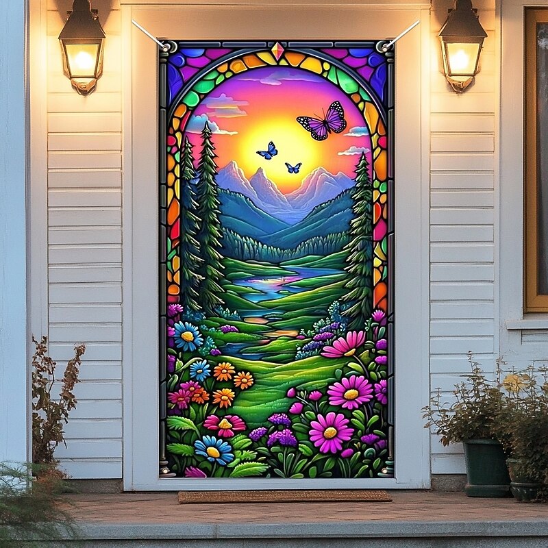 Stained Glass Effect Door Decorations Door Covers Door Tapestry Door Curtain Decoration Backdrop Indoor/Outdoor Door Banner for Front Door Farmhouse3