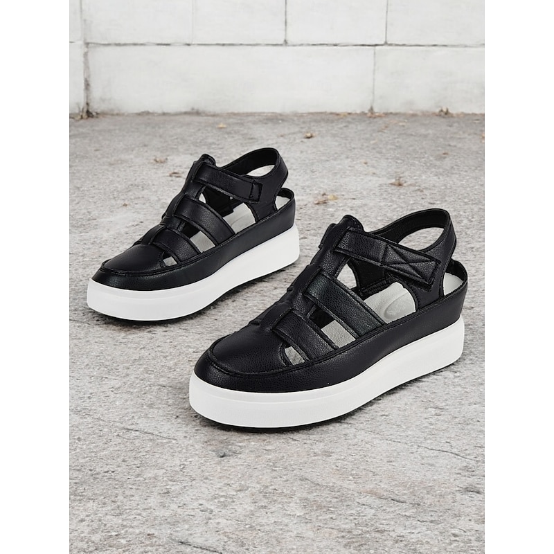 Women's Comfortable Black Faux Leather Strappy Sandals with White Sole - Perfect for Beach or Casual Outings2