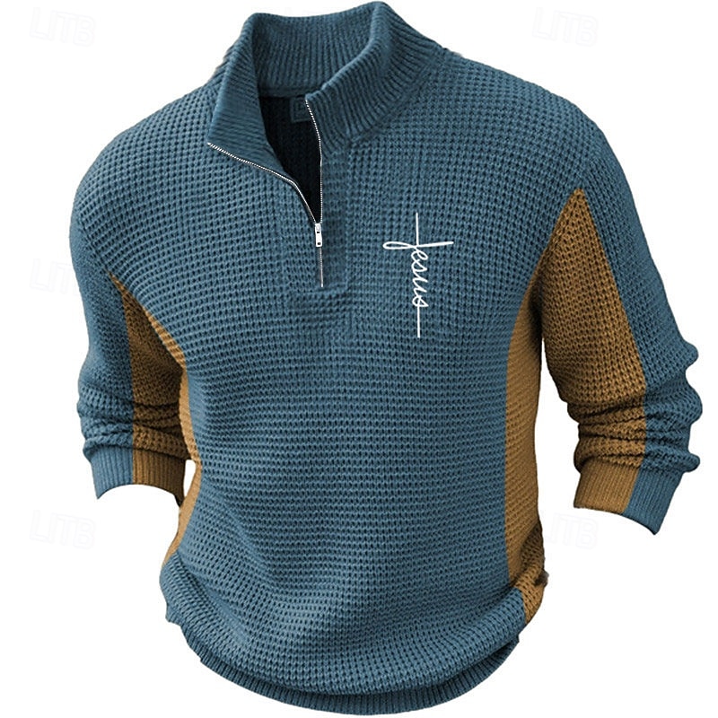 Men's Faith Pullover Sweater Jumper Zip Sweater Polo Sweater Stand Collar Retro Vintage Party Evening Wear Daily Vacation Embroidered Zipper Knitting Long Sleeve Fall Winter Sky Blue Brown Green4