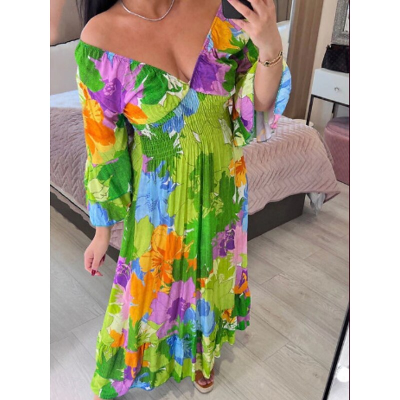 Women's Maxi Dress Casual Dress Swing Dress A Line Dress Casual Daily Regular Fit Floral 3/4 Length Sleeve V Neck Pink Blue Green Summer Spring Fall2