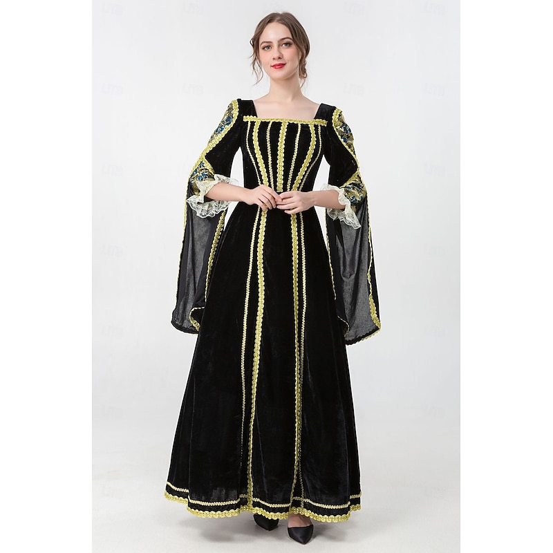 Medieval Renaissance Vintage Dress Maxi Dress Bell Sleeve Queen Viking Solid Color Square Neck Fancy Dress Women's Royal Halloween Carnival Masquerade Prom Festival Adults' Dress Spring Fall