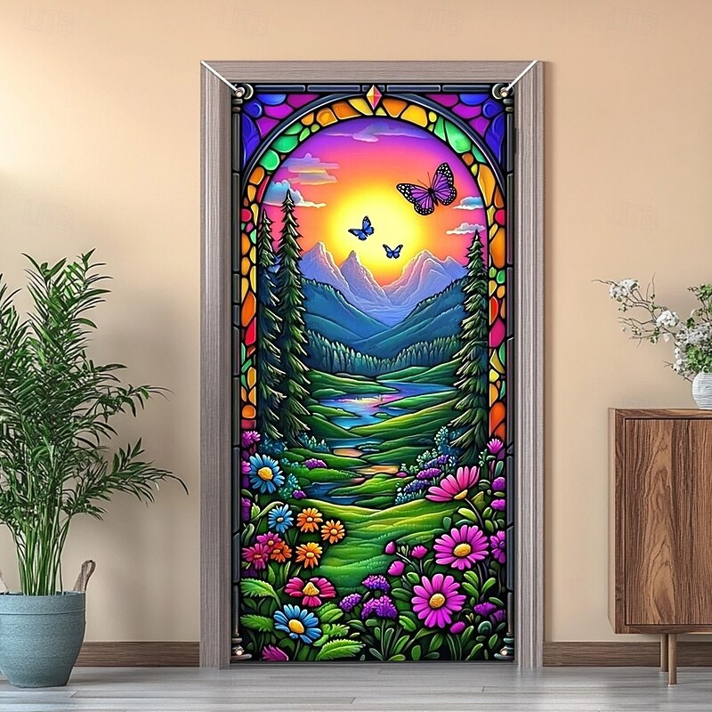 Stained Glass Effect Door Decorations Door Covers Door Tapestry Door Curtain Decoration Backdrop Indoor/Outdoor Door Banner for Front Door Farmhouse2