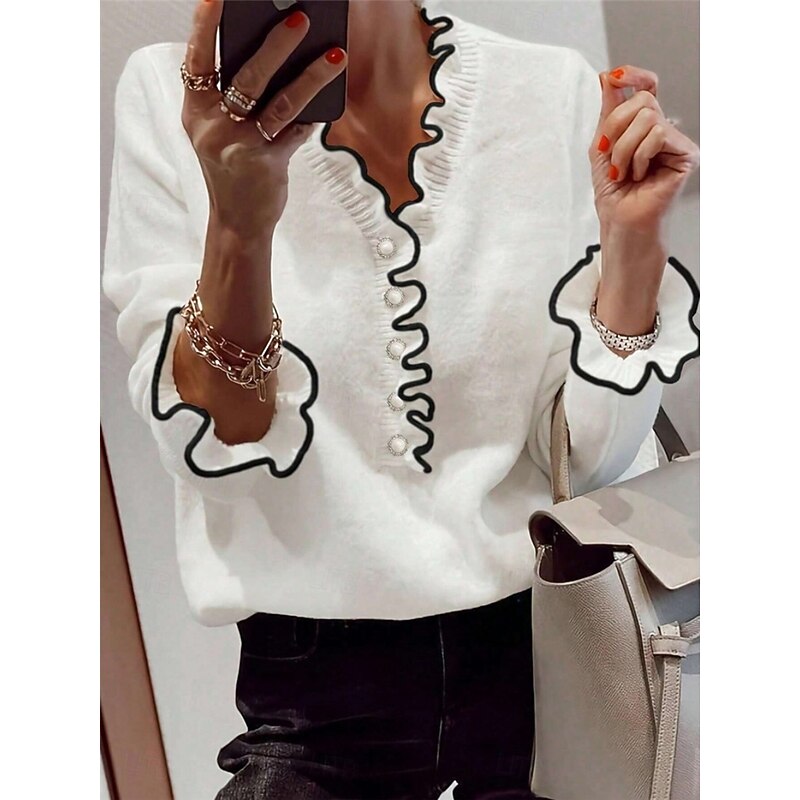 Women's Sweater Cardigan Casual Soft Pure Color Ribbed V Neck Ruffle Buttons Knitted Long Sleeve Regular Tops Knit Outdoor Daily Weekend Black White Fall Winter