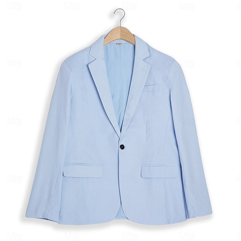 Men's Wedding Linen Suits Notch Sky Blue Light Grey Solid Colored Tailored Fit 2 Piece Single Breasted One-button2