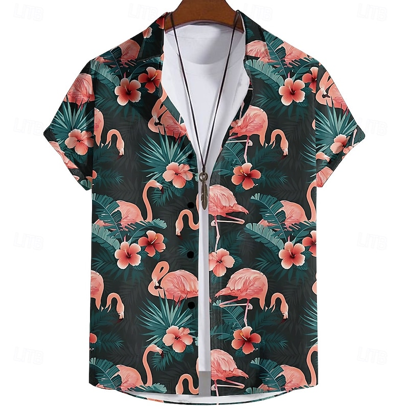 Men's Flamingo Casual Shirt Summer Hawaiian Shirt Aloha Shirt Short Sleeve Hawaiian Resort Vacation Causal Casual Summer Spring Turndown Button Up Green
