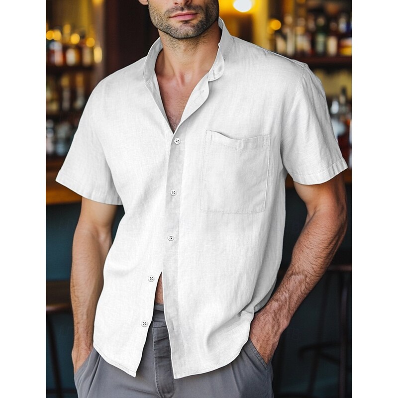Men's Linen Shirt Band Collar Shirt Casual Shirt Plain Vacation Hawaiian Black White Yellow Pink Short Sleeve Henley Spring & Summer Clothing Apparel Front Pocket4