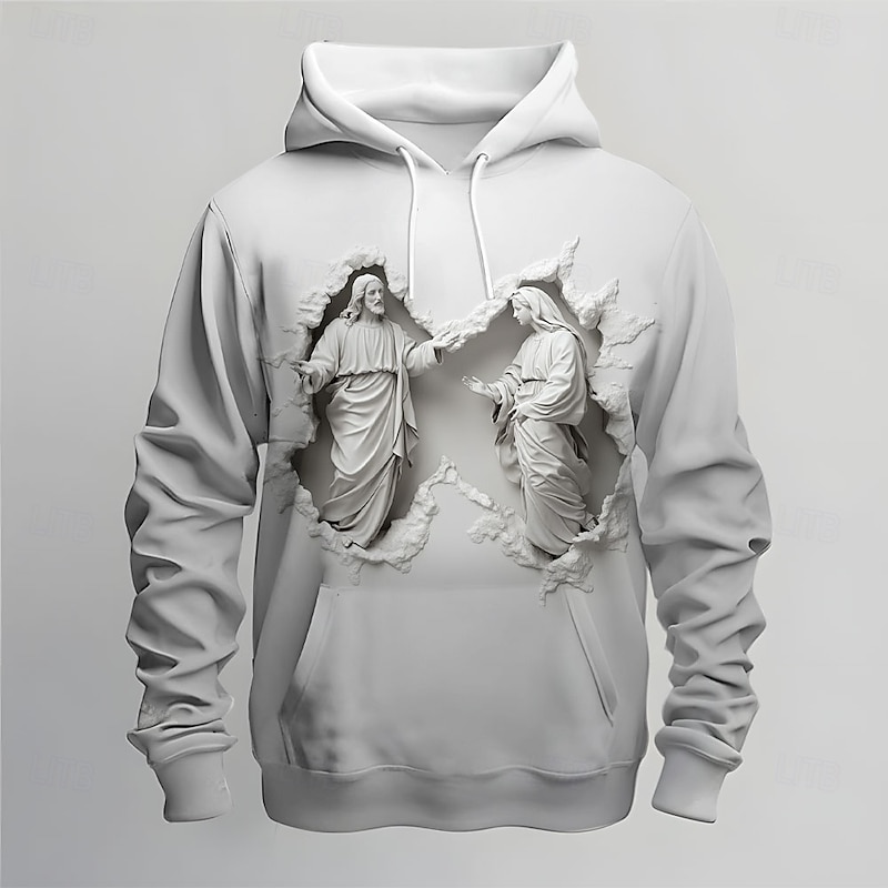 Men's Optical Illusion Hoodies Sweatshirt Ethnic Cowboy Long Sleeve Crew Neck Holiday Streetwear White Drawstring Fall Winter Designer